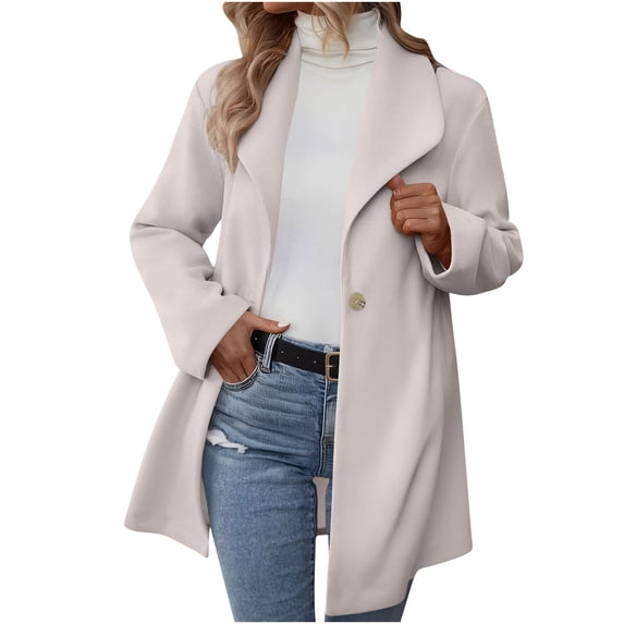 Zpanxa Winter Coats for Women Single Button Lapel Collar Hoodless Casual Coat with Pockets Beige M