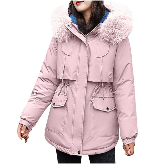 Zpanxa Winter Coats for Women Thickening Velvet Keeping Warm Casual Hooded Coat, Winter Snow Coat, Mountain Windbreaker Waterproof Ski Jacket Pink L