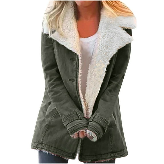 Zpanxa Winter Coats for Women, Winter Jacket Warm Sherpa Lined Jacket Composite Plush Button Lapel Snow Jacket Hooded Wool Outwear Coat Army Green XL