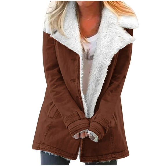 Zpanxa Winter Coats for Women, Winter Jacket Warm Sherpa Lined Jacket Composite Plush Button Lapel Snow Jacket Hooded Wool Outwear Coat Coffee S
