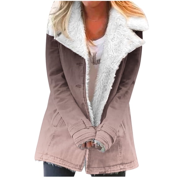 Zpanxa Winter Coats for Women, Winter Jacket Warm Sherpa Lined Jacket Composite Plush Button Lapel Snow Jacket Hooded Wool Outwear Coat Khaki XXL