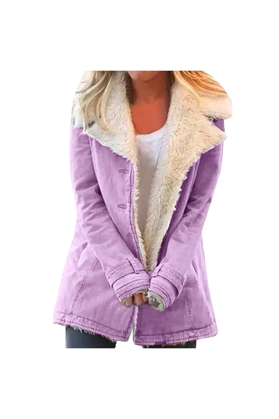 Winter Coats for Women, Winter Jacket Warm Sherpa Lined Jacket Composite Plush Button Lapel Snow Jacket Hooded Wool Outwear Coat Purple S