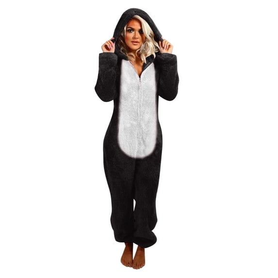 Zpanxa Winter Hooded Jumpsuit for Women Thermal Long Sleeve Romper Cozy One-Piece Pajama Set with Soft Fabric for Lounge and Sleep Black 5XL