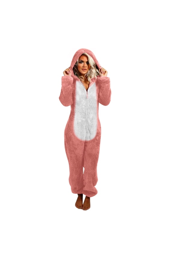 Winter Hooded Jumpsuit for Women Thermal Long Sleeve Romper Cozy One-Piece Pajama Set with Soft Fabric for Lounge and Sleep Pink XXL