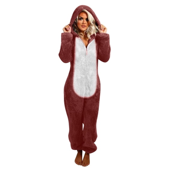 Zpanxa Winter Hooded Jumpsuit for Women Thermal Long Sleeve Romper Cozy One-Piece Pajama Set with Soft Fabric for Lounge and Sleep Wine L