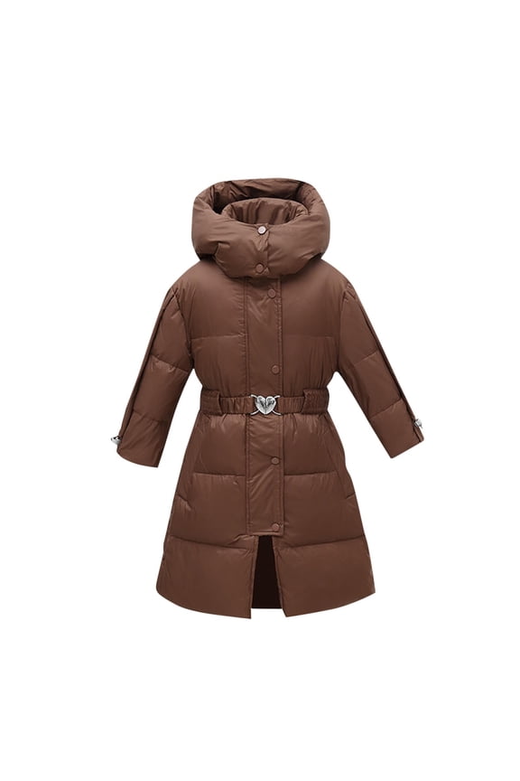 Winter Jacket Girls Long Stand Collar Puffer Winter Coat Kids Heart Belt Waist Cinched Windproof Snow Jacket