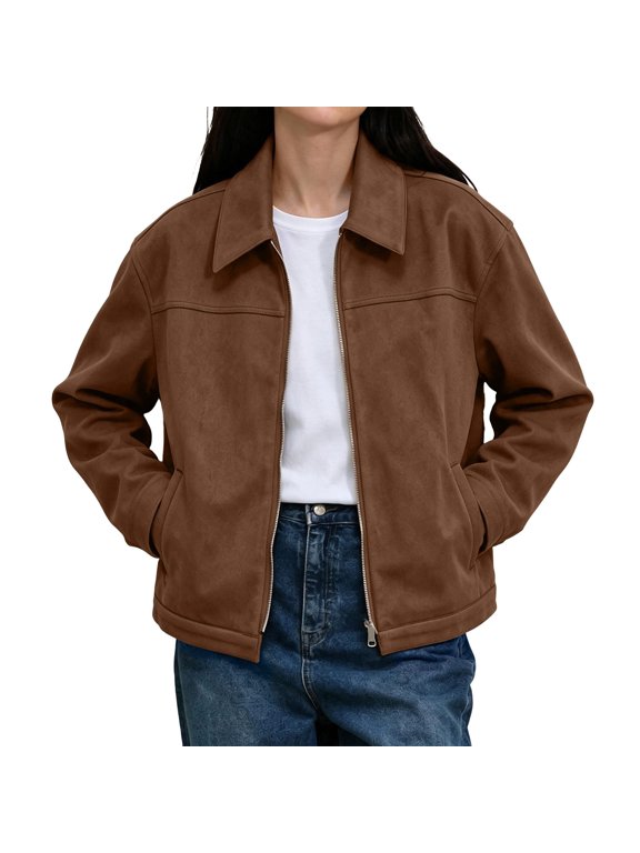 Winter Jackets for Women Faux Suede Lapel Collar Zip Up Jacket with Pockets Long Sleeve Short Coat