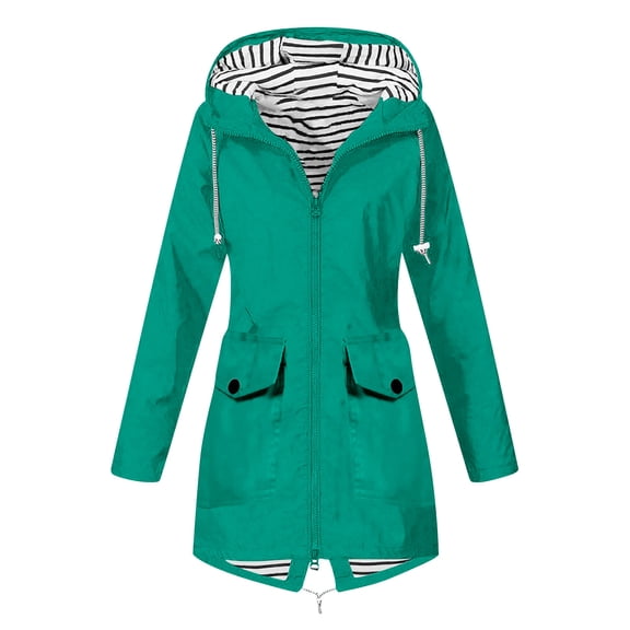 Zpanxa Winter Jackets for Women Solid Color Rain Jacket Outdoor Hooded Coat Windproof Loose Outwear with Pocket Green 5XL