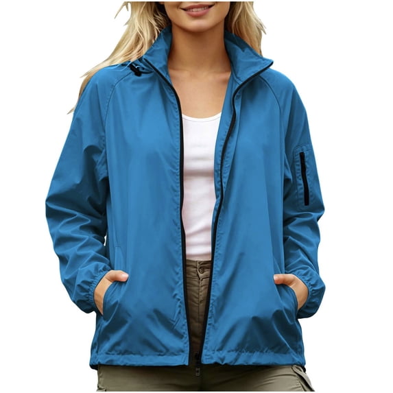 Zpanxa Winter Jackets for Women Waterproof Zip Up Rain Jacket Long Sleeve Windbreaker Solid Color with Pockets Lightweight Outdoor Casual
