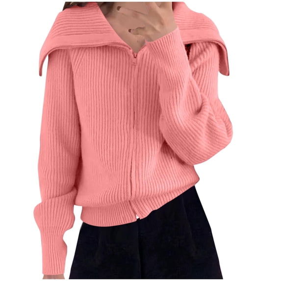 Zpanxa Winter Sweaters for Women Long Sleeve Zip Up Cardigan with Lapel Collar Free Size