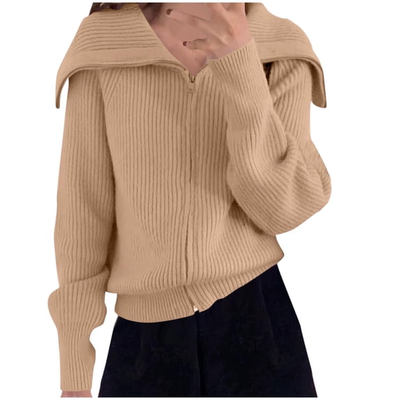 Zpanxa Winter Sweaters for Women Long Sleeve Zip Up Cardigan with Lapel Collar Free Size