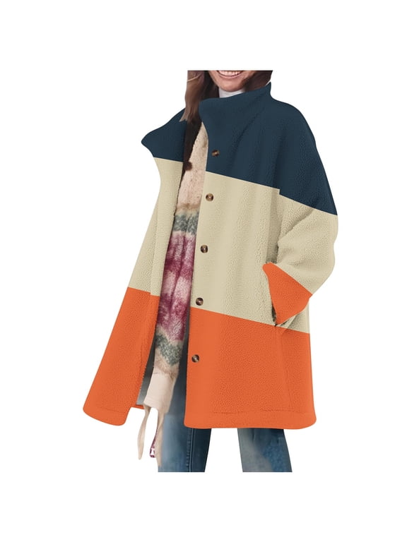Women Casual Winter Fleece Padded Jacket with Printed Pattern Oversized Lapel Button Front Long Sleeve Warm Daily Outerwear