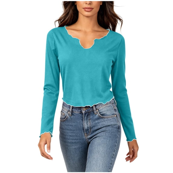 Zpanxa Women Long Sleeve Tops Scalloped V Neck Slim Fit Casual Solid Color Tee for Daily Wear