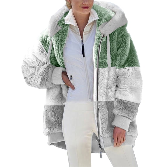 Zpanxa Women Plus Size Jacket Winter Warm Loose Plush Coat Zip Hooded Jacket Thicken Windproof Snow Coat for Outdoor Hiking Running Waiking Green L