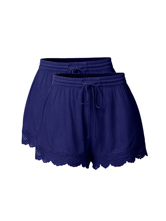 Women's 2 Piece Outfits Lace Trim Drawstring Shorts Set Solid Color Casual Lounge Matching Top and Shorts Comfortable Summer Beach Vacation