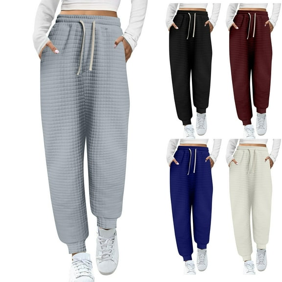Zpanxa Women's Autumn Winter Solid Color Waffle Knit Sweatpants Loose Fit Elastic Waist Lounge Pants with Pockets