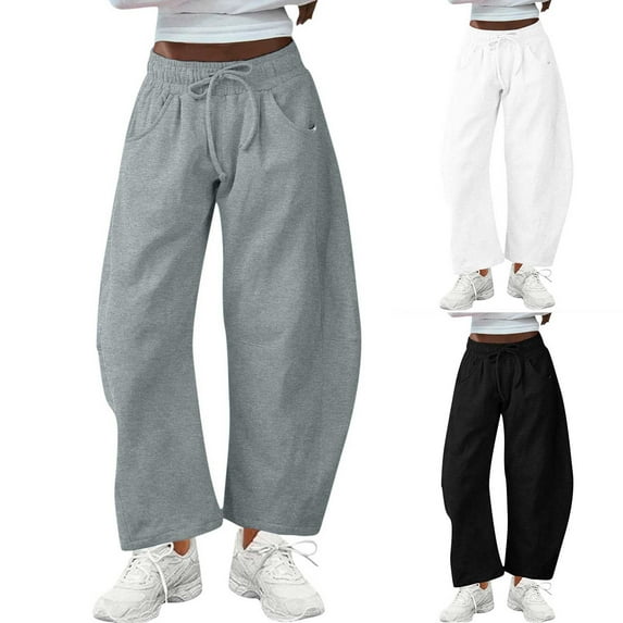 Zpanxa Women's Barrel Leg Sweatpants Solid Color Drawstring Elastic Waist Wide Fit Casual Lounge Pants with Pockets Athletic Comfort