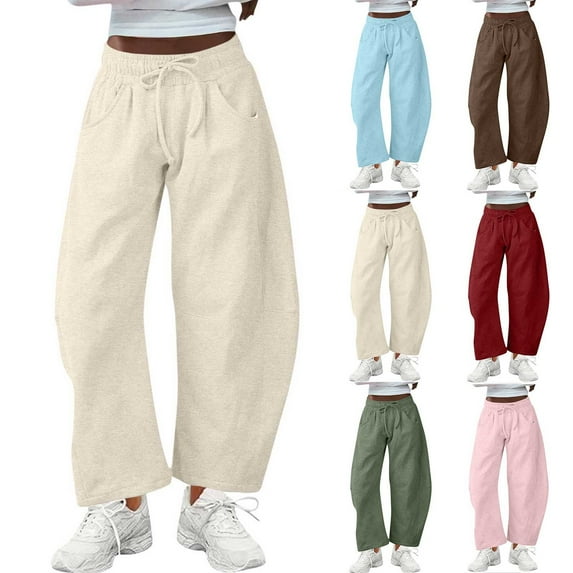 Zpanxa Women's Barrel Leg Sweatpants Solid Color Drawstring Elastic Waist Wide Fit Casual Lounge Pants with Pockets Athletic Comfort