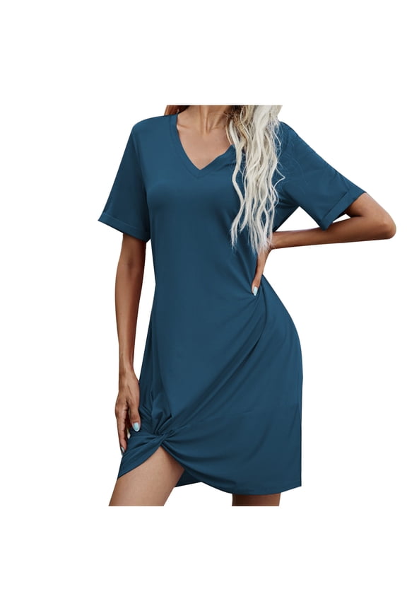 Women's Beach Swimsuit Coverup V Neck Short Sleeve Cover Up Swimwear Bikini T-Shirt Dress with Pockets Sundresses for Women 2025 Light Blue B L