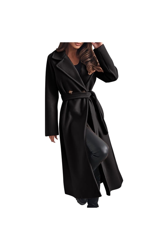 Women's Belted Trench Coat Lightweight Wool Blend, Tailored Fit Solid Color Long Sleeve Fall Jacket