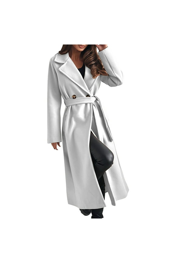 Women's Belted Trench Coat Lightweight Wool Blend, Tailored Fit Solid Color Long Sleeve Fall Jacket