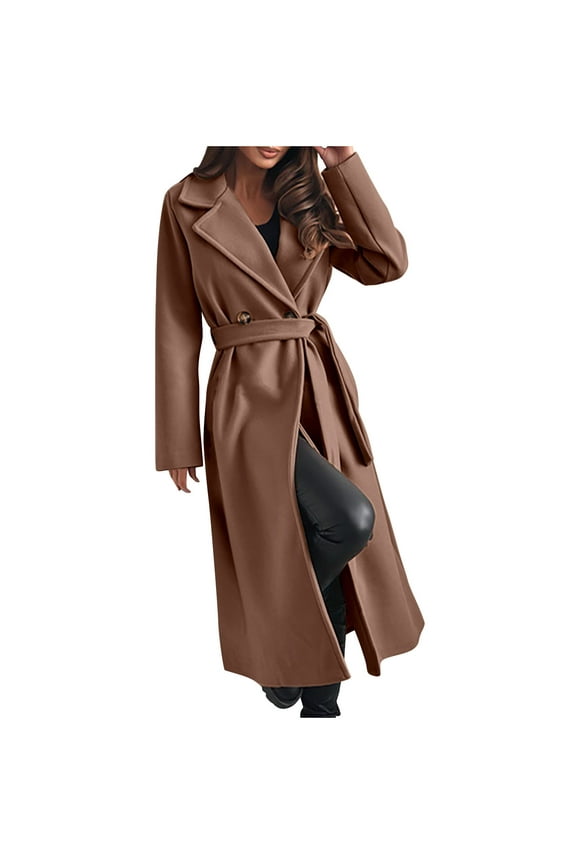 Women's Belted Trench Coat Lightweight Wool Blend, Tailored Fit Solid Color Long Sleeve Fall Jacket