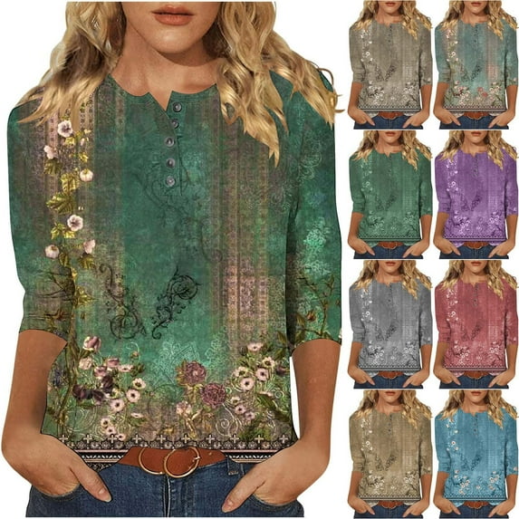 Zpanxa Women's Button Detail 3/4 Sleeve T-Shirt Round Neck Loose Fit Casual Boho Chic Everyday Top