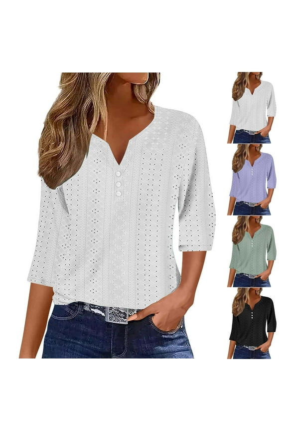 Women's Casual 3/4 Sleeve Top Round Neck Loose Fit Comfortable Solid Color Blouse Stylish Spring Wear