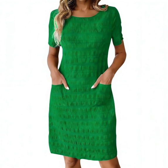 Zpanxa Women's Casual Day Dress Solid Color Short Sleeve Round Neck Pocket Dress Office to Weekend Elegant Style