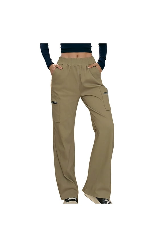 Women's Casual Pants with Zipper Pockets Solid Color Comfort Fit Full Length Trousers for Everyday Wear Khaki M