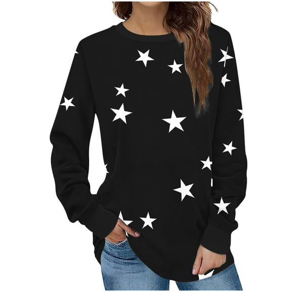 Zpanxa Women's Casual Printed Blouse Long Sleeve Crewneck Sweatshirt Top Loose Fit Comfortable Street Style Daily Wear Tops for Women Black B S