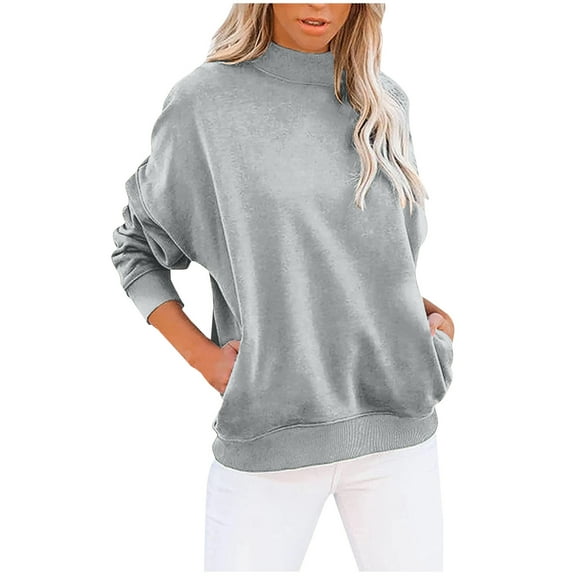 Zpanxa Women's Casual Sweatshirt with Pocket Long Sleeve Crewneck Solid Color French Terry Pullover No Hood Fashionable Fall Lounge Top Gray M