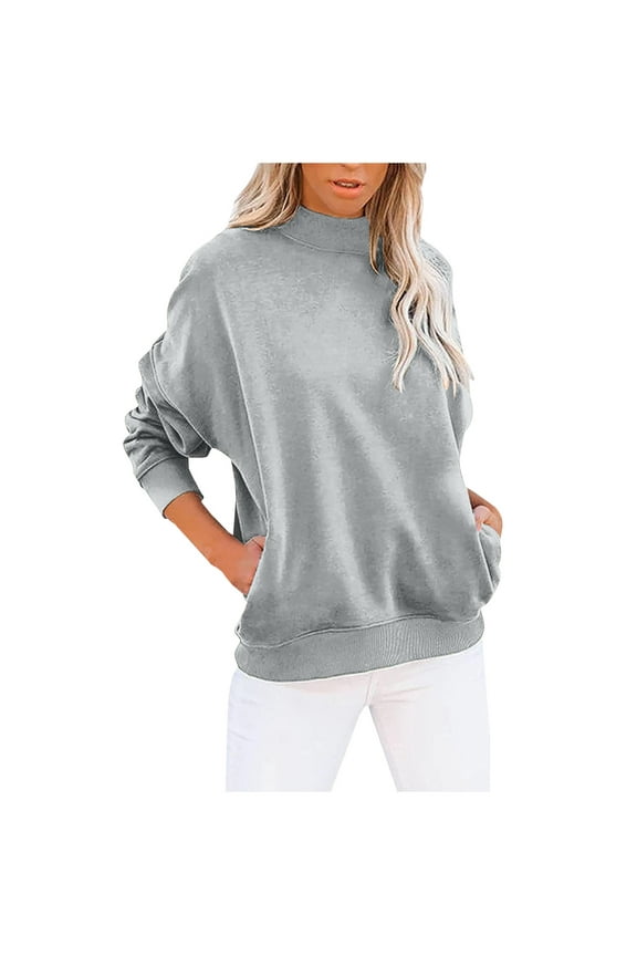 Women's Casual Sweatshirt with Pocket Long Sleeve Crewneck Solid Color French Terry Pullover No Hood Fashionable Fall Lounge Top Gray M