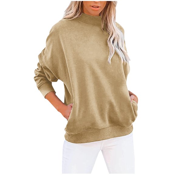 Zpanxa Women's Casual Sweatshirt with Pocket Long Sleeve Crewneck Solid Color French Terry Pullover No Hood Fashionable Fall Lounge Top Khaki S