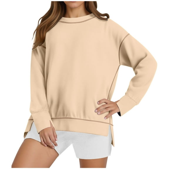 Zpanxa Women's Casual Top Long Sleeve Crewneck Sweatshirt Solid Color No Hood Soft Pullover Blouse Loose Fit Comfortable Shirt for Fall Lounge Beige S