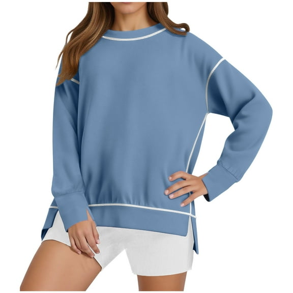 Zpanxa Women's Casual Top Long Sleeve Crewneck Sweatshirt Solid Color No Hood Soft Pullover Blouse Loose Fit Comfortable Shirt for Fall Lounge Blue S