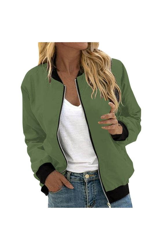 Women's Casual Zip Up Jacket Solid Color, Front Pockets Lightweight Long Sleeve Everyday Outerwear