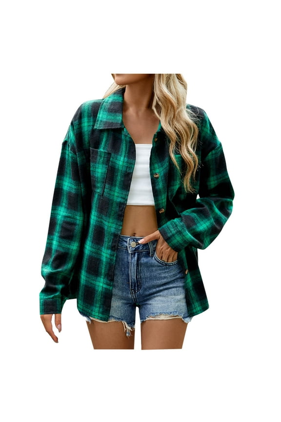 Women's Checkered Long Sleeve Coat Casual Lapel Collar Lightweight Fall Spring Jacket