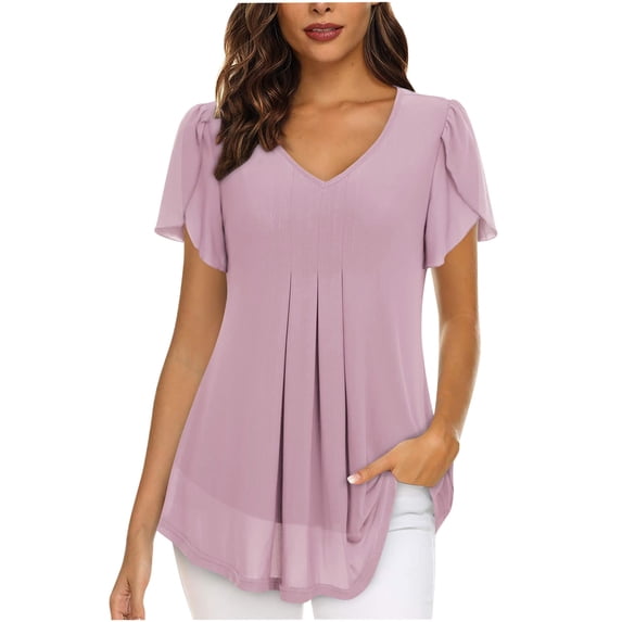 Zpanxa Women's Chiffon V-Neck Blouse, Short Sleeve Top with Floral Applique and Ruffle Detail, Soft Flowy Petal Design Shirt for Summer Chic