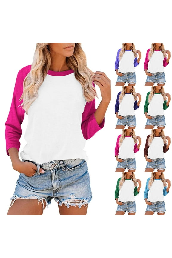 Women's Color Block Raglan 3/4 Sleeve T-Shirt Round Neck Casual Loose Fit Breathable Everyday Top