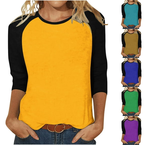 Zpanxa Women's Color Block T-Shirt 3/4 Sleeve Patchwork Print Casual Blouse Unique Design Loose Fit Round Neck Summer Top