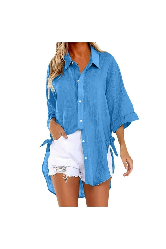 Women's Convertible Tie-Waist Shirt V-Neck Short Sleeve Button-Down Collared Top Solid Color Loose Fit Casual Blouse