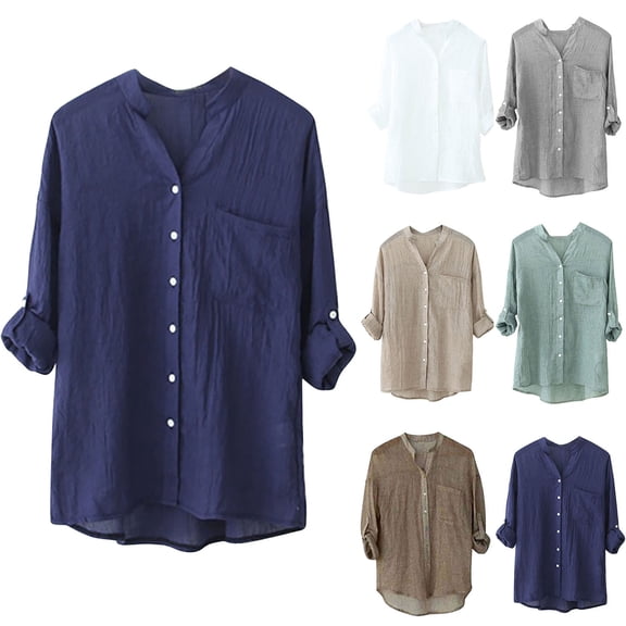 Zpanxa Women's Cotton Linen 3/4 Sleeve Cardigan V-Neck Button Down Shirt Casual Lightweight Layering Top