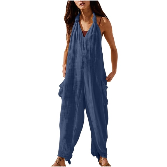 Zpanxa Women's Cotton Linen Jumpsuit Relaxed Fit with Adjustable Straps and Side Pockets Wide Leg Romper Overalls for Casual Resort Wear Navy L