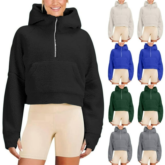 Zpanxa Women's Cropped Half Zip Hoodie Winter Warm Thermal Lined Pullover Long Sleeve Fleece Sweatshirt Casual Streetwear Top