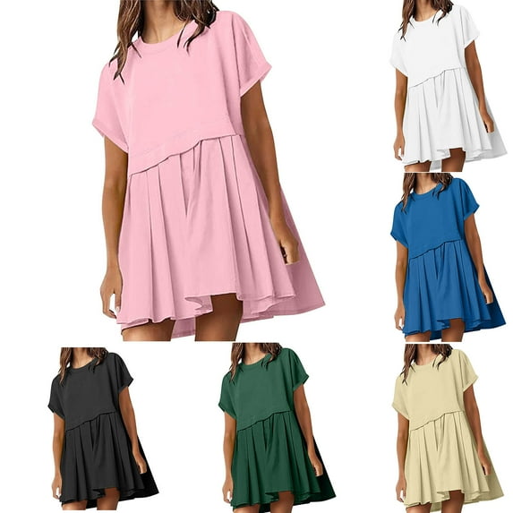 Zpanxa Women's Cute Pleated Mini Dress Solid Color Casual Short Sleeve Oversized Summer Dress