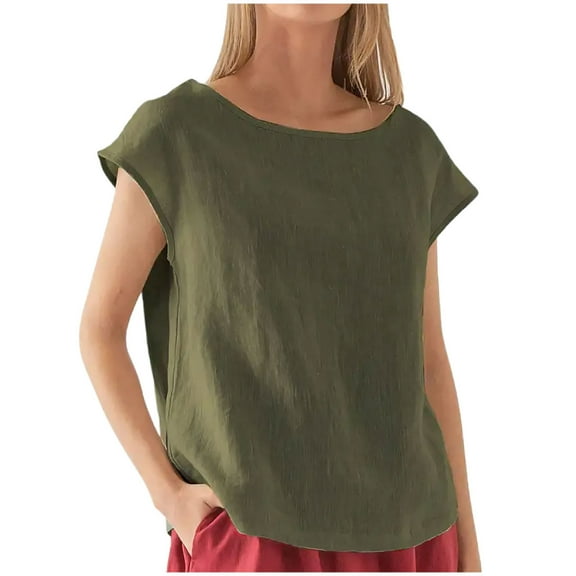 Zpanxa Women's Effortless Linen Top Short Sleeve Round Neck Solid Color Casual Tee Versatile Loose Fit Everyday Comfortable Shirt