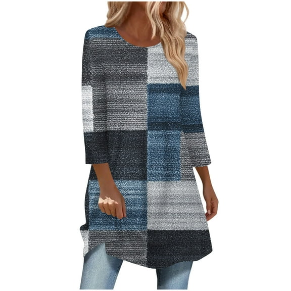 Zpanxa Women's Fashion Top 3/4 Sleeve Blouse Curved Hem Long Shirt Casual Crewneck Pullover Soft Stretchable Tunic Style Fall Streetwear Tops Navy B S