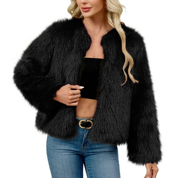 Zpanxa Women's Faux Fur Coat Winter Jacket Plush Soft Warm Luxury Round Neck Long Sleeve Solid Color Casual Outerwear for Cold Weather Black A 3XL