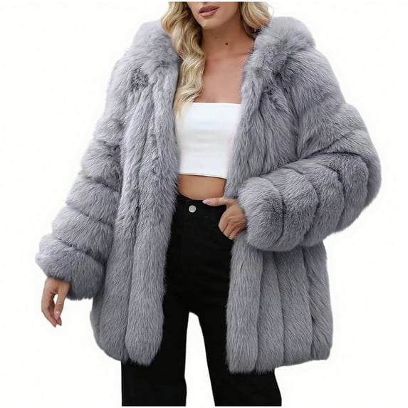 Zpanxa Women's Faux Fur Hooded Coat Plush Winter Jacket with Belt Luxury Winter Street Style Gray S